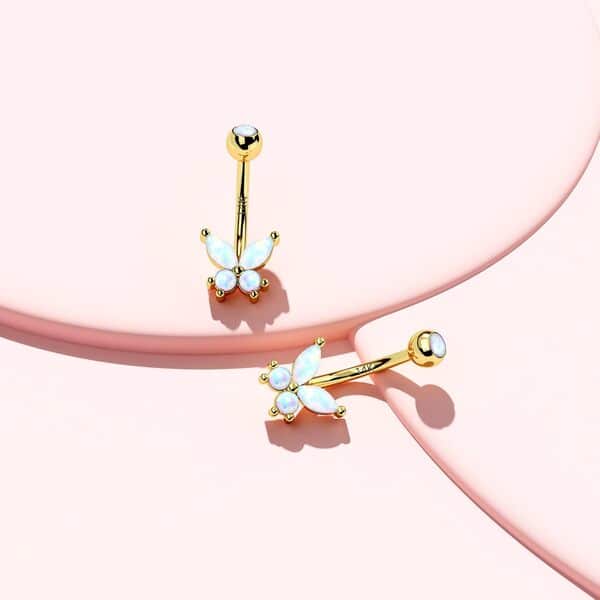 OUFER Body Piercing Piercing de nombril en or massif 14 carats 14 g avec papillon en oxyde de zirconium transparent