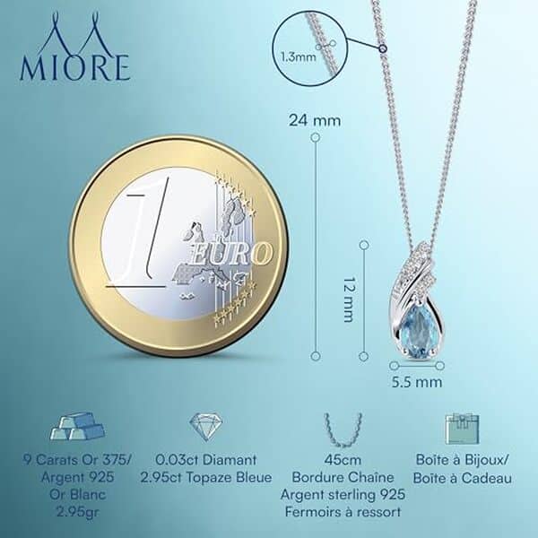 Découvrez notre avis complet sur le collier Miore en or blanc 9 ct orné de topaze et de diamants naturels. Un bijou raffiné qui allie élégance et qualité.