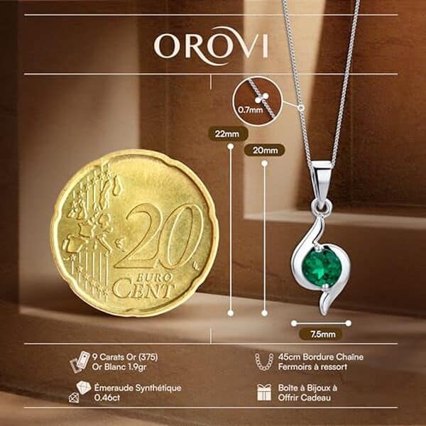 Découvrez notre avis complet sur le collier Orovi en or blanc et émeraude : qualité, design et prix. Bijou élégant pour femme à prix abordable.